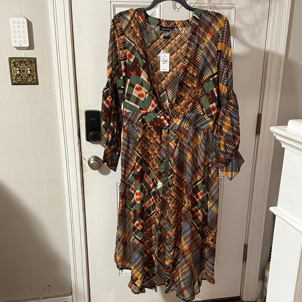 Ashley Stewart Long Sleeve Geometric Sheer Duster- Multicolor